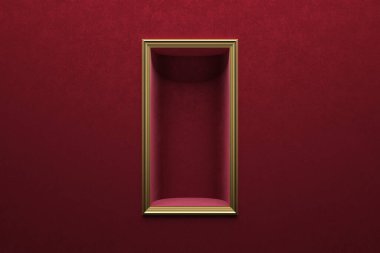 Golden frame precious on the red velvet wall elegant luxury. pedestal display Inside the frame there is a box can put fashion items, cosmetics product, jewelry and sculptures. 3D Illustration.