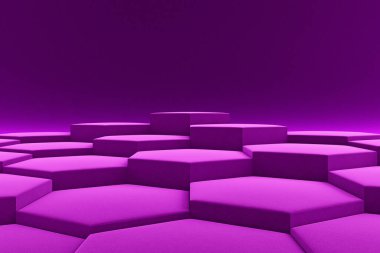Platform and podium violet velvet hot pink luxury elegant. hexagon honeycomb display stand purple steps stairs levels different shiny. pedestal for fashion cosmetic product or beauty. 3D Illustration.