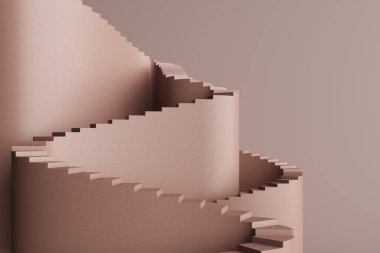 spiral staircase circular concrete pink light stairs round concept minimalist walk continuous high. walkway up to a castle bastion or city wall concept. Studio scene for photography. 3D illustration.