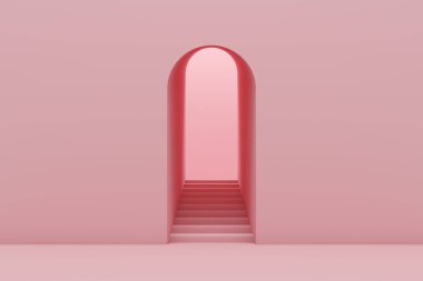 arched entrance castle way up staircase step and wall architecture pink light stand female display stage product minimal commercial fashion wedding design arch door church gateway. 3D Illustration.