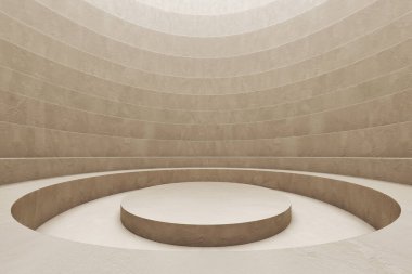 Stage podium stand background. stair step circle arena or festivities in greece athens concept. Gray concrete columns around the platform. display products fashion cosmetics and art. 3D Illustration.