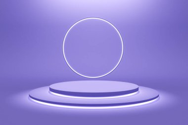 light indirect stage podium stand product display light purple led shine style minimal advertisement commercial circle round steps stairs. placing products fashion cosmetics skincare. 3D Illustration.