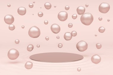 product commercial display advertisement stand podium pearl pink and rose gold girl concept style female feminine women luxury glow float cosmetics skin skincare liquid serum beauty. 3D Illustration.