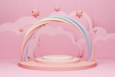 marshmallow pink pastel product podium or display rainbow girly girl advertising cloud layer set theatre vibe cutout twist sweet tooth makeup cosmetic teenager star model hanging. 3D Illustration.