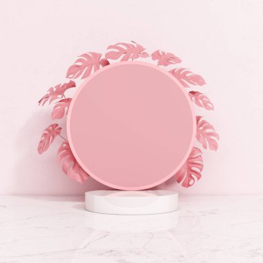 circle display product stand plant fern monstera pink pastel concept nature skincare cosmetic advertisement girl concept female feminine woman. platform presentation showcase beauty. 3D Illustration.