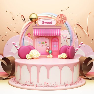 pedestal podium display pink pastel cute kid cake celebration party confetti bakery shop macaron sweets candy house ribbon gold white rose lollipop backdrop. birthday or wedding. 3D Illustration.