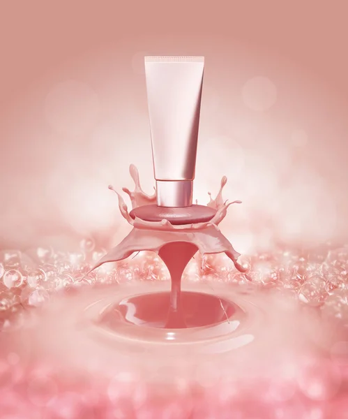 podium pink stage display stand water liquid pink solid splash shape moment capture fresh ripple packaging cream container cosmetics beauty advertisement pink peach skincare product. 3D Illustration.