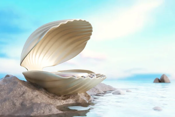 Platform Podium Luxury Pearl Shell Rocks Sea Amidst Natural Atmosphere — 스톡 사진