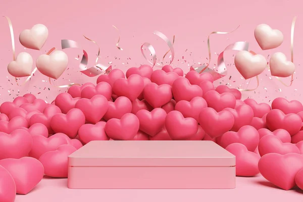 platform pink gold ribbon style pastel full of pink hearts stand product commercial display advertisement cute candy sweet concept confetti celebrate birthday party valentine theme. 3D Illustration.