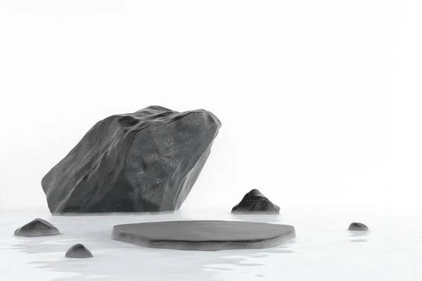 Stone podium black stone on water surface in pond white mist and water waves in peaceful cool and refreshing nature. zen spa or onsen hot spring. pedestal cosmetic products skincare. 3D Illustration.