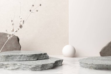 podium display product brown and gray stone marble on water. sphere with ripple advertising pond or stream zen style japan wall sakura backdrop concrete beige. cosmetics or skin care. 3D Illustration.
