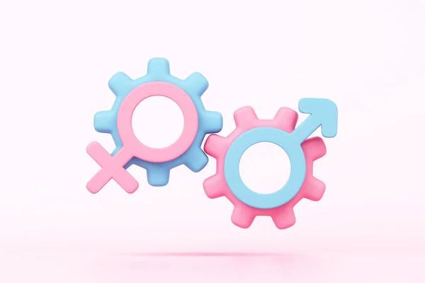 Female male symbol sex gender cogwheel gear concept. learn study feminine masculine boy girl education pink blue pastel. lover married couple sexual intercourse or family relationship 3D Illustration.