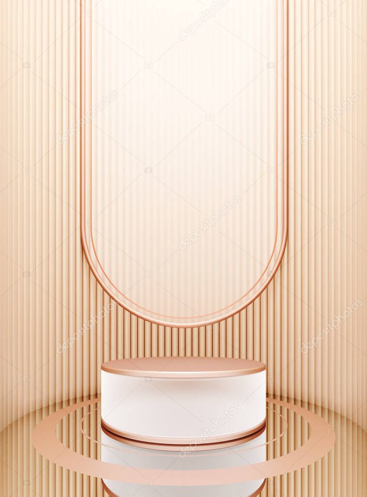 Podium display counter brand round frosted glass translucent light glow luxury elegant mirror floor wall circle backdrop frame rose gold. Pedestal cosmetic beauty product, skin care. 3D Illustration.