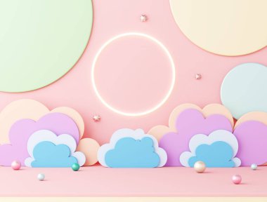 Sahne podyumu parti çocuğu teması. Güneş ışığı renkli bulutlu gökyüzü ve pembe zeminde küre topları olan yıldız arkaplanı. Oyun alanı, kreş ve performanslar festivalin eğlenceli çocuğunu gösteriyor. 3B Görüntü.