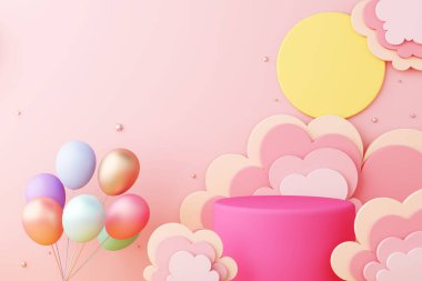 Sahne podyumu parti çocuğu teması. Balonlar renkli bulutlu gökyüzü ve güneş sarısı pembe arkaplanlı yıldız arkaplanı. Oyun alanı, kreş ve performanslar festivalin eğlenceli çocuğunu gösteriyor. 3B Görüntü.
