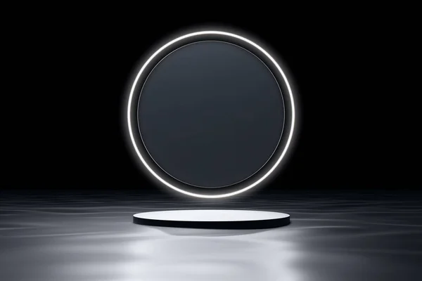 Black dark clear glass circle neon light glow podium product display on water surface chrome or silver reflection advertisement cosmetic skin care stand background moon light shadow. 3D illustration.