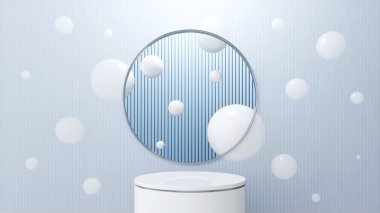 Gösterişli, zarif, beyaz podyum, şeffaf, buzlu cam arka plan ve etrafa saçılmış küresel kabarcıklar. İç taraftaki parlak mavi duvarlar. Güzellik kozmetiği ya da cilt bakımı için kaide. 3B Görüntü.