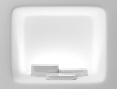 Dondurucu soğuk beyaz sahne, podyum. Floresan ışığı temiz, parlak bir laboratuvar. Fütürist parlak ışık parlayan ürün standı. İçki, güzellik kozmetik veya cilt bakımı kaidesi. 3B Görüntü.