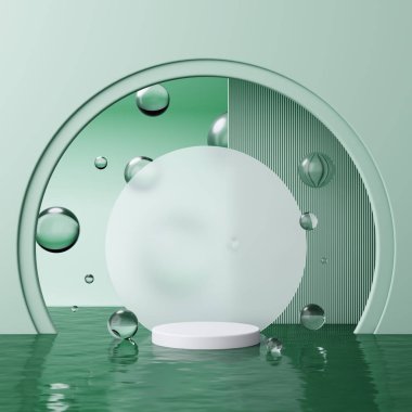 Yeşil halka sahne podyumu ve su yüzeyinde buzlu cam olan baloncuklar. Lüks, zarif, reklam amaçlı kozmetik güzellik ürünleri ya da cilt bakımı sergilemek. 3B Görüntü.