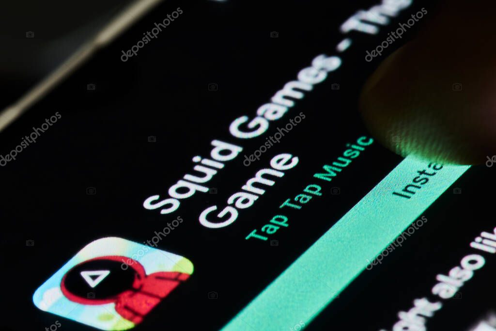 Tashkent, Uzbekistan - 14 October 2021: Popular Netflix new show - Squid games mobile game application. Mobile game of new South Korean series show - Squid games