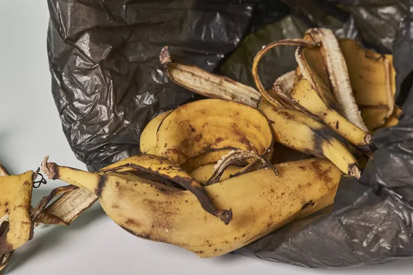 Banány Loupají Popelnici Používání Banánových Slupek Kompostu Banánová Kůže Recyklaci — Stock fotografie