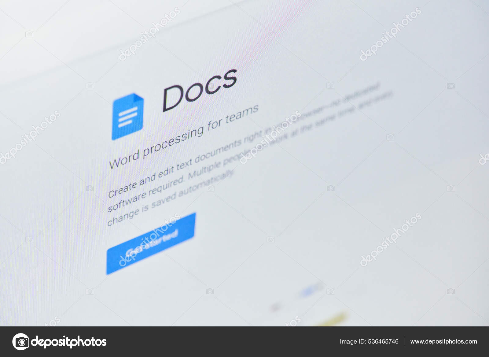 Google docs official web page on computer monitor stock editorial