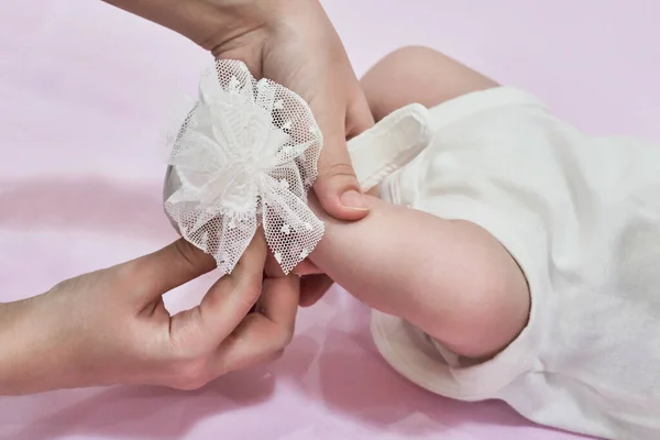 Close Cute Little Funny Baby Girl Wearing White Booties — Stock Photo, Image