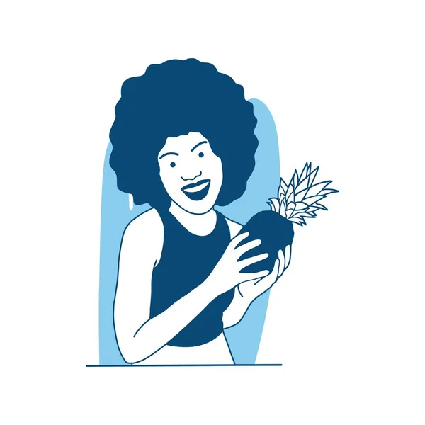 düz stil illüstrasyon Afrikalı kız kıvırcık saçlı ananas tutan