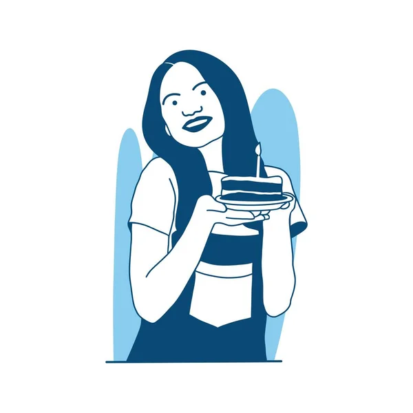 Düz stil illüstrasyon mutlu kız elinde yanan mumlarla neşeli pasta tutuyor.