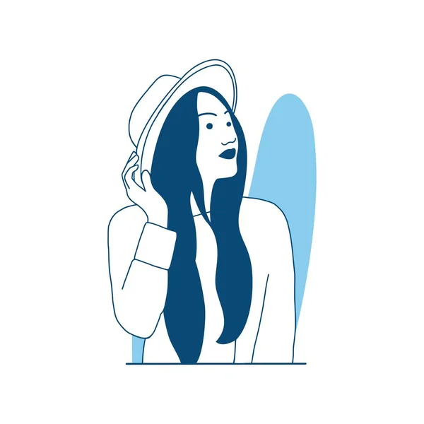 Düz stil illüstrasyon. Yaz tatilinde hasır şapka takan güzel kız..