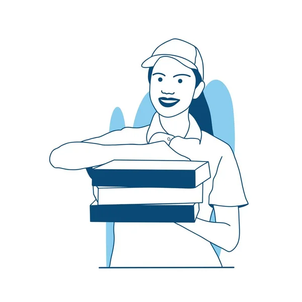 Güzel vektör çizimi. Teslimatçı kız elinde birkaç pizza kutusu tutuyor.