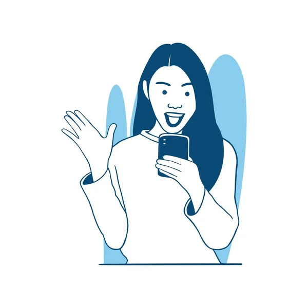 Vector Illustration Beautiful Happy Girl Smiling Holding Phone — Stock vektor