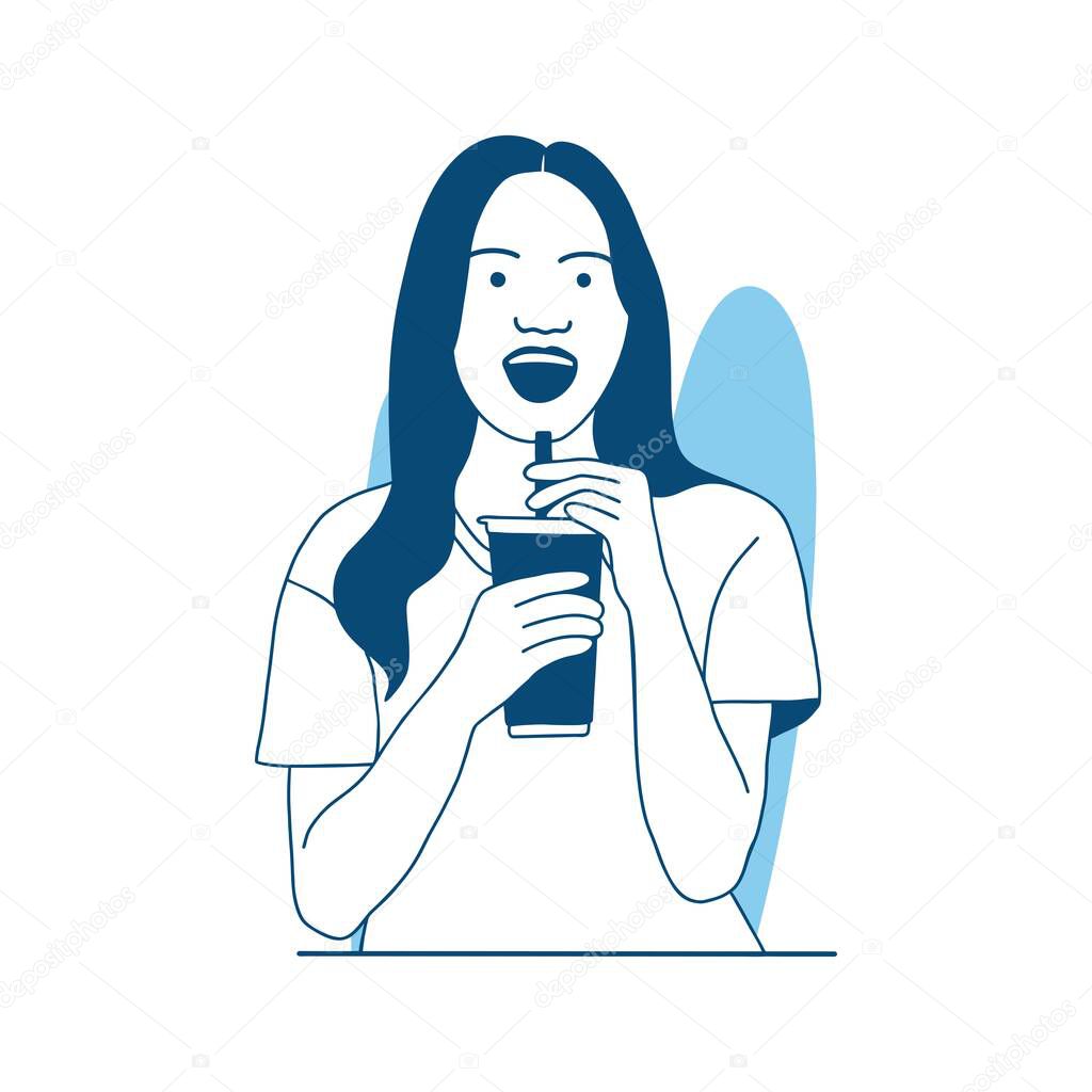 flat style vector illustration beautiful girl enjoy drinking bubble tea boba