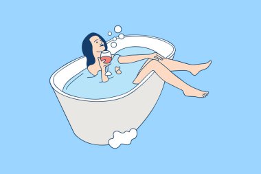 Illustrations of Beautiful young woman relaxing in bath with bubbles and drinking wine