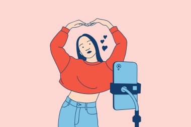 Illustrations of Beautiful Young woman influencer created her dancing video by smartphone camera