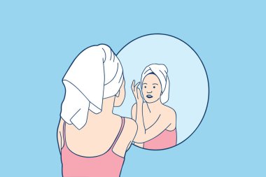 Illustrations beautiful girl sitting in front of mirror with bathrobe