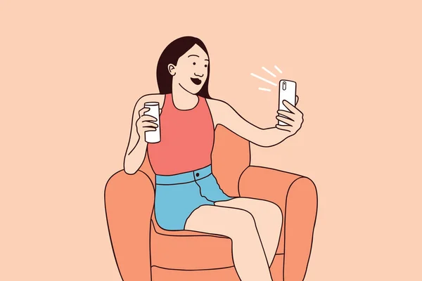 Illustrations of Beautiful Female vlogger endorsed products with phone at home influencer
