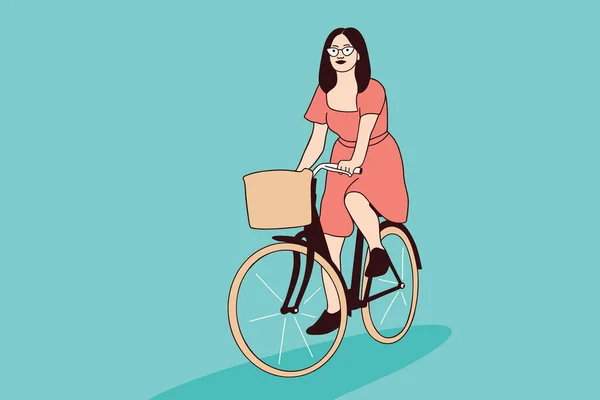 Illustrations Beautiful Young Woman Riding Bicycles City Park — стоковый вектор