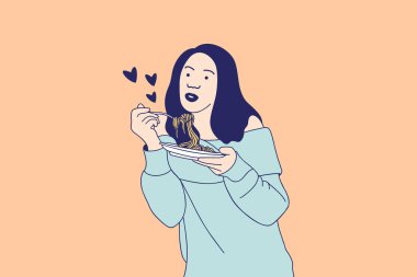 Illustrations of Beautiful young woman eating Italian spaghetti tasty pasta  at home