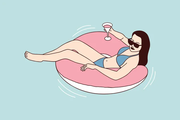 Illustrations of Beautiful woman enjoy summer on an inflatable ring pool with a cocktail