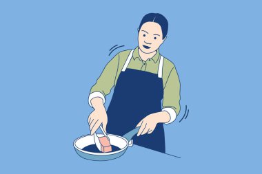 Illustrations of Beautiful chef woman toasting and making barbecue