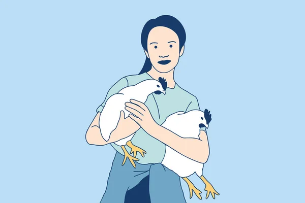 Illustrations of Beautiful Young women holding two chickens at farm