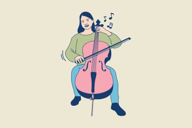 Illustrations of young beautiful musician playing cello in outdoors