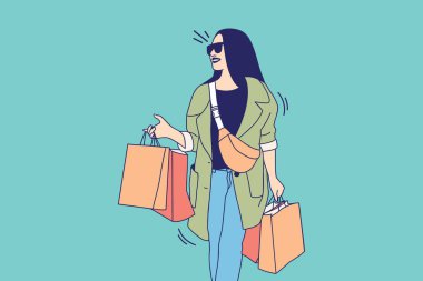 Illustrations of Beautiful smiling girl with Waist Bag holds colourful shopping bags