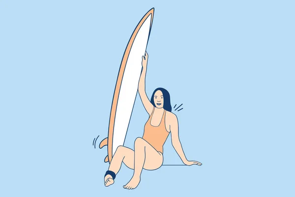 Illustrations of Beautiful surfer girl hold surf board on the beach at summer