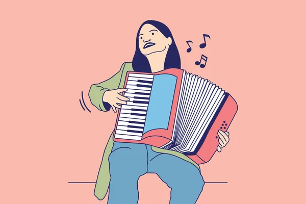 Illustrations Beautiful Young Woman Sings Playing Accordion — Vector de stock