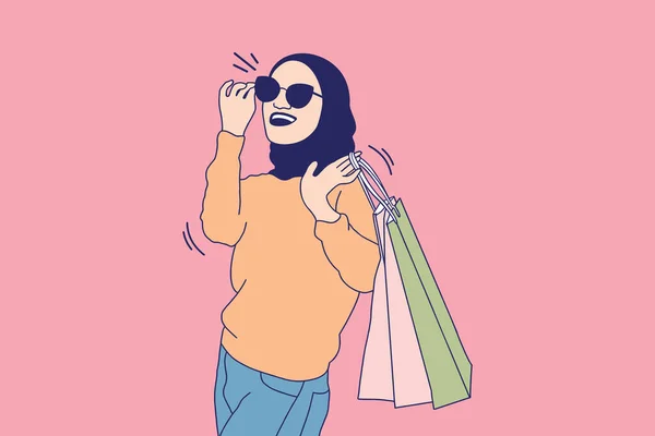 Illustrations of Beautiful muslim women with eyeglasses holding shopping bags