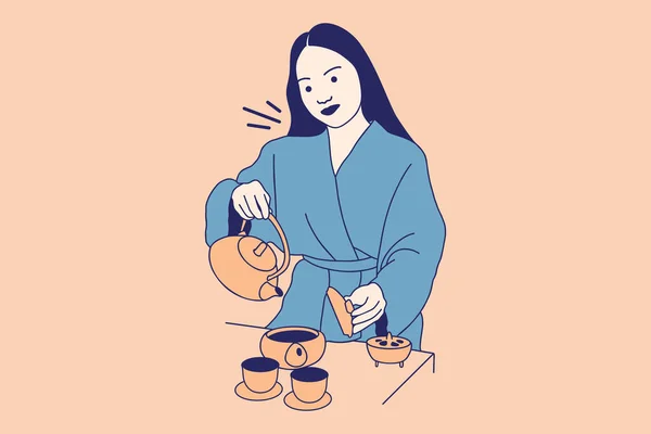 Illustrations of Beautiful Young woman pours tea from a black cast iron teapot