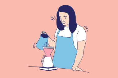 Illustrations Beautiful female barista pours boiling water into the coffee glass, making a cup of coffee drip filter