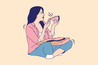 Illustrations Beautiful young woman sit on a floor and eats pizza